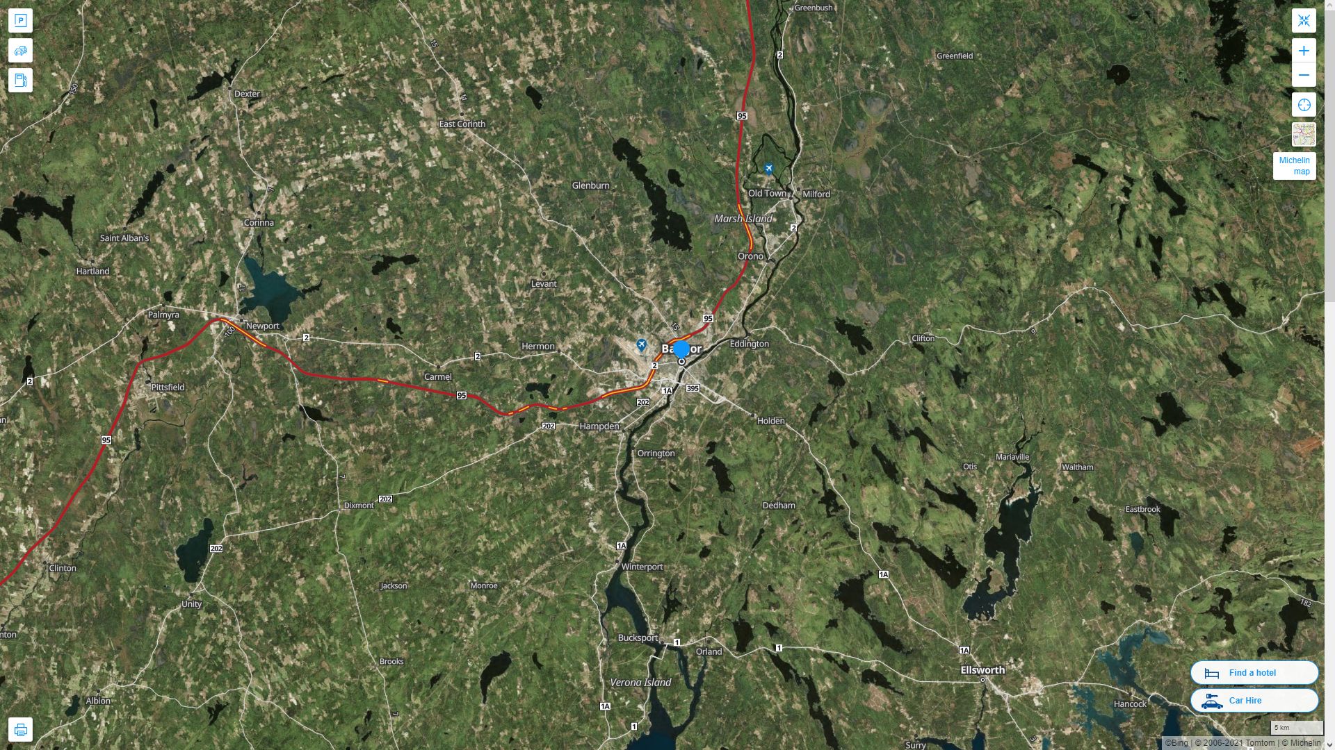 Bangor Maine Highway and Road Map with Satellite View